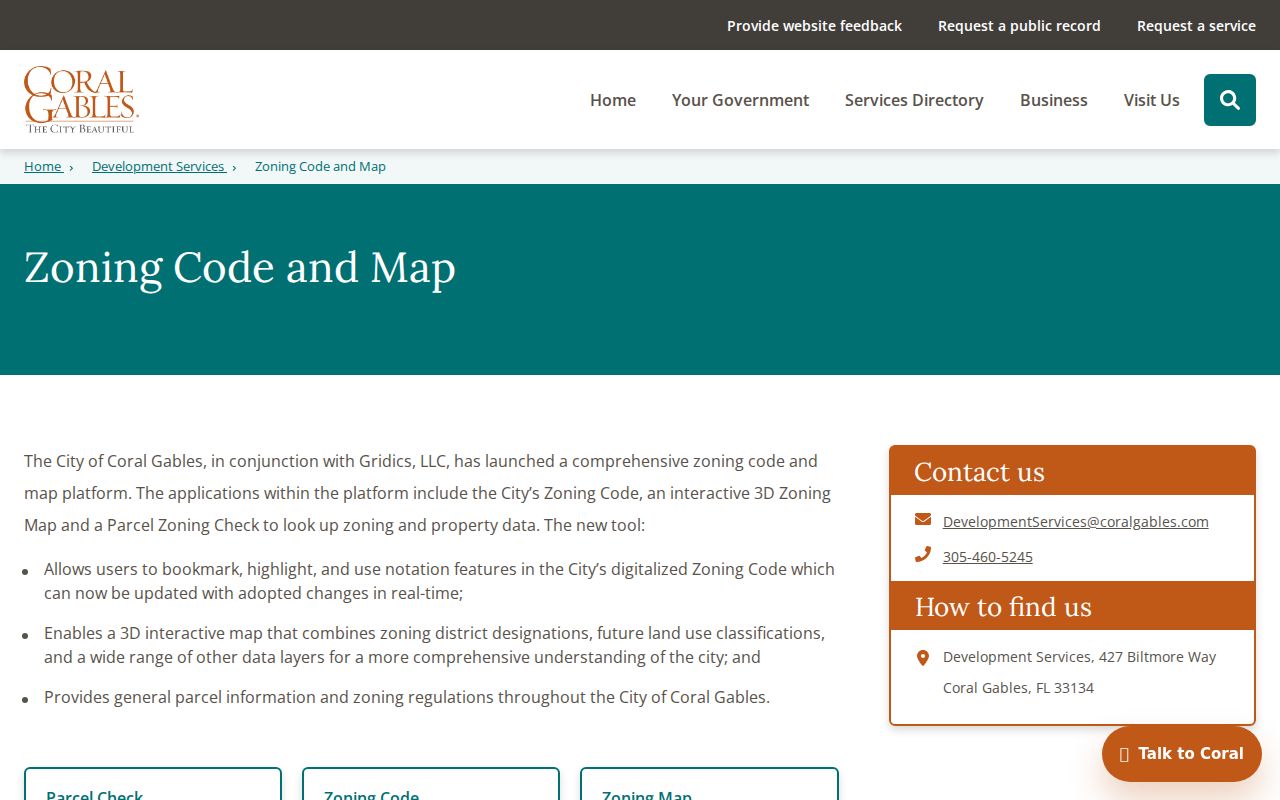 Coral Gables zoning code and parcel map tools