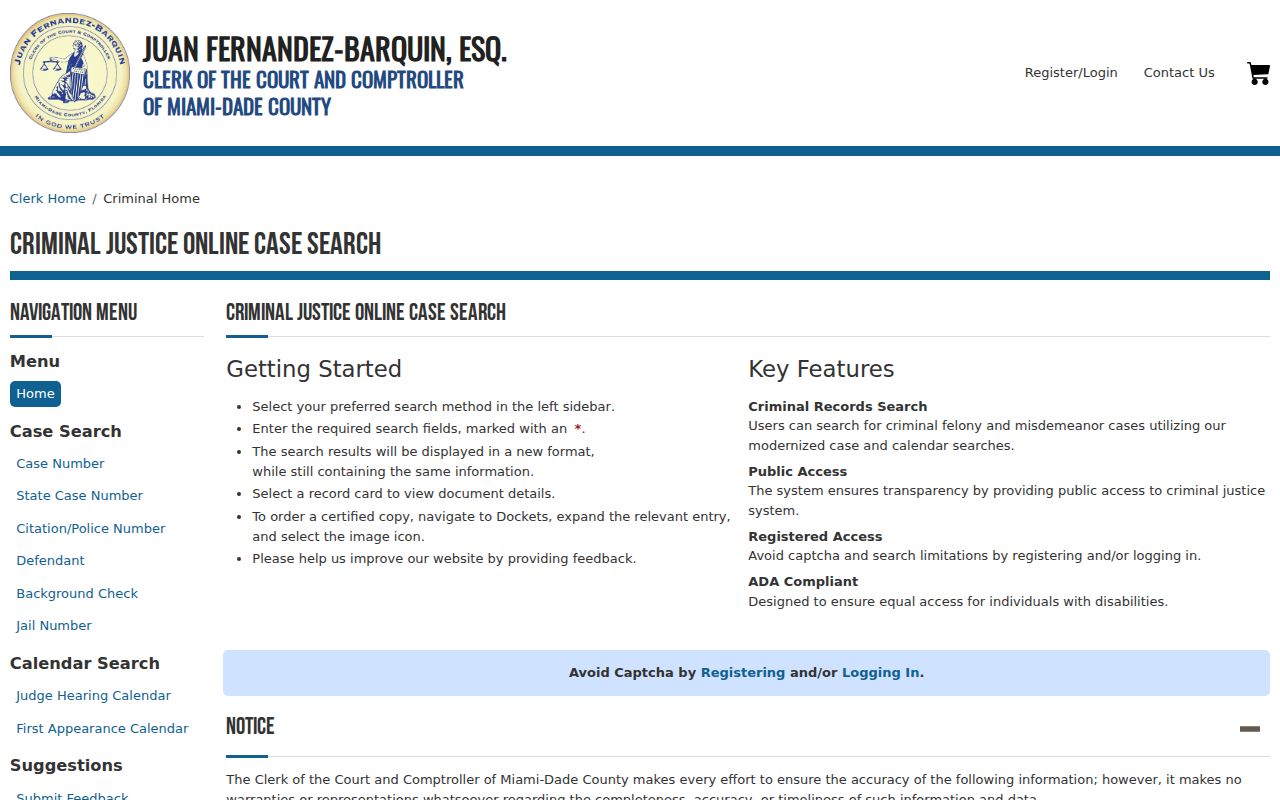 Coral Gables resident lookup in the Miami-Dade criminal court portal