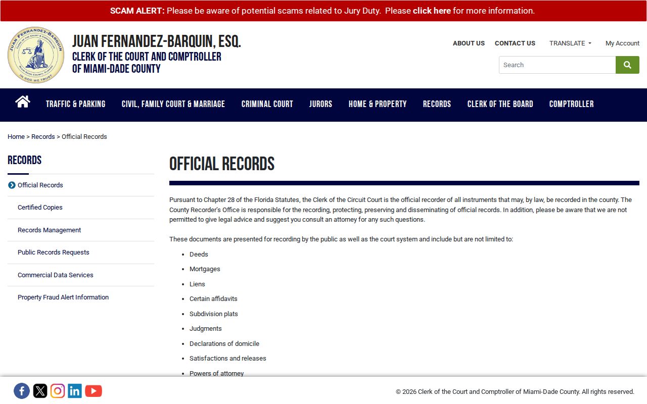 Coral Gables previous residents Miami-Dade Official Records page