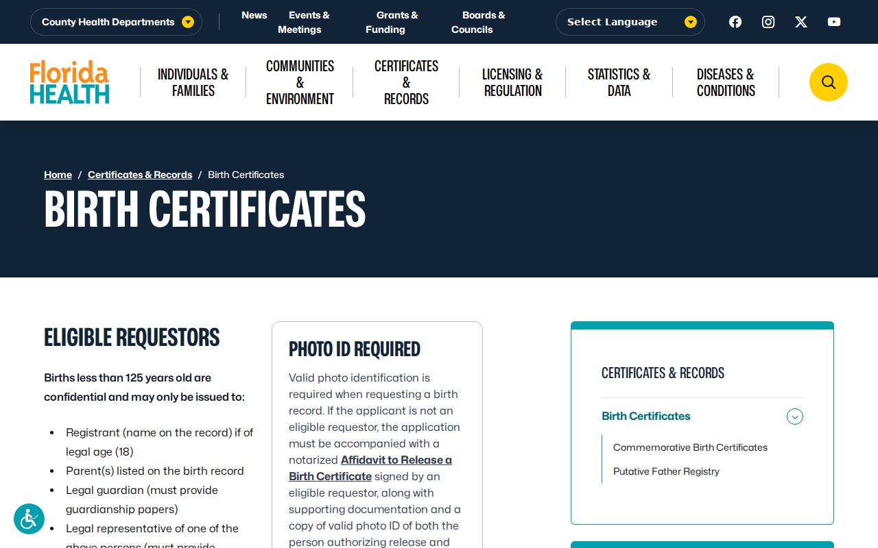 Coral Gables resident lookup birth certificate access rules