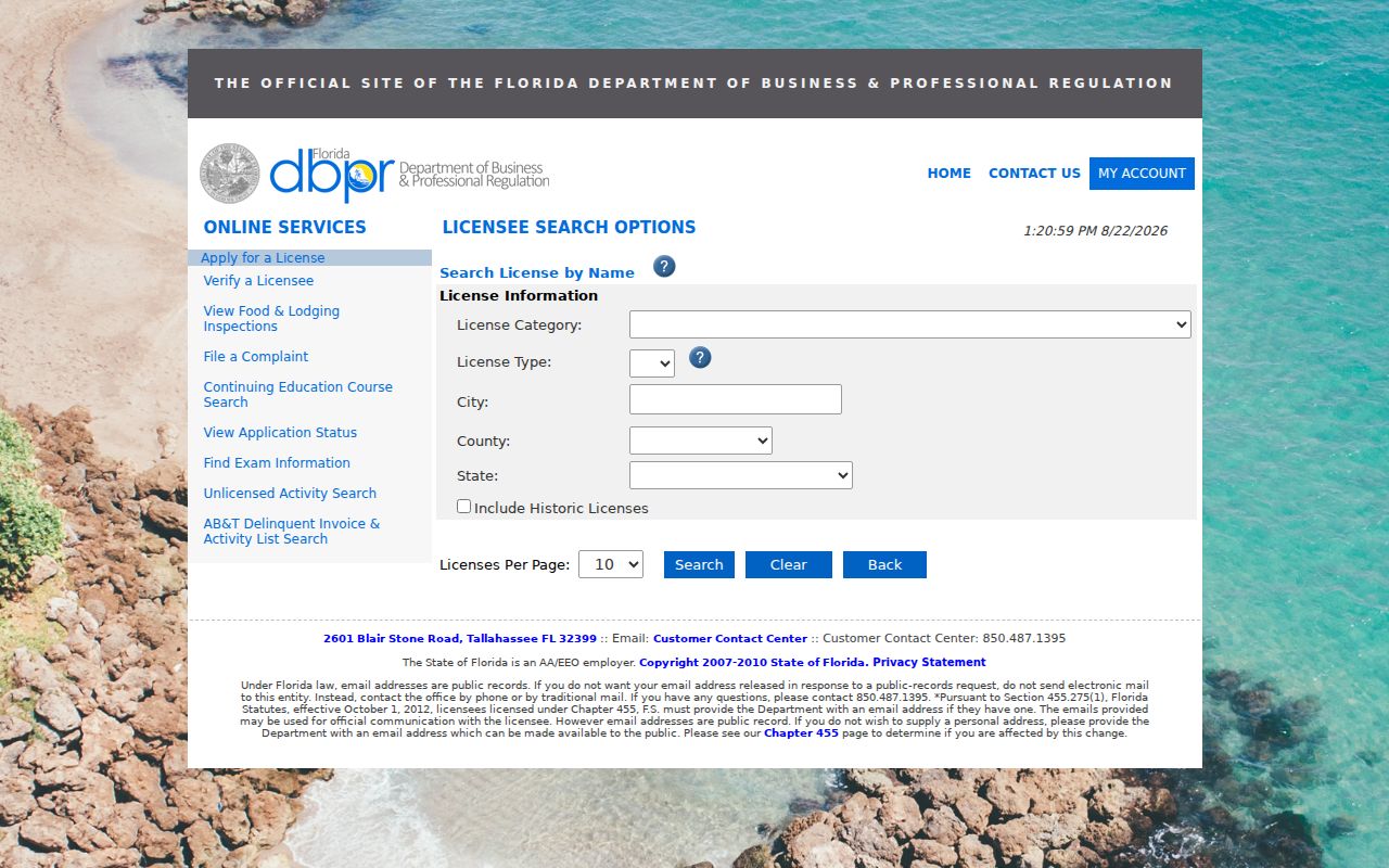 Coral Gables resident lookup through Florida DBPR license details