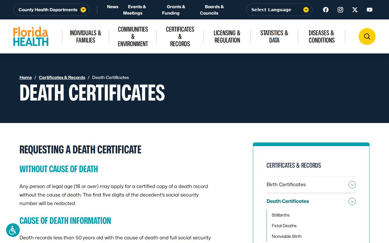 Coral Gables resident lookup death certificate access choices